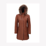 Hooded Brown Long Shearling Collar Leather Coat Womens